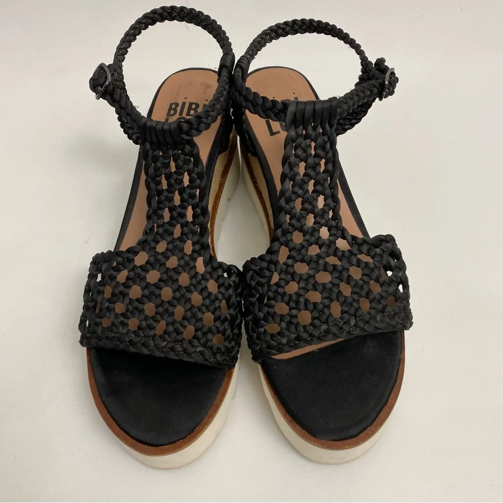 BIBI LOU Platform Sandals 7 - 7.5 / 38 Black Woven Ankle Strap Open Toe Wedge - Picture 14 of 16